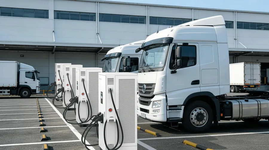 Camions électriques en charge sur des bornes PINGALAX dans un dépôt logistique